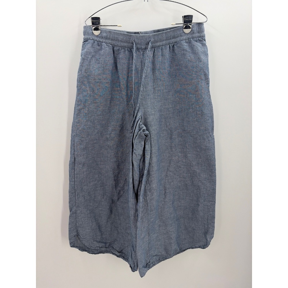 UpWest Womens Blue Linen Cotton Wide Leg Crop Pants Elastic Waist Large 90285